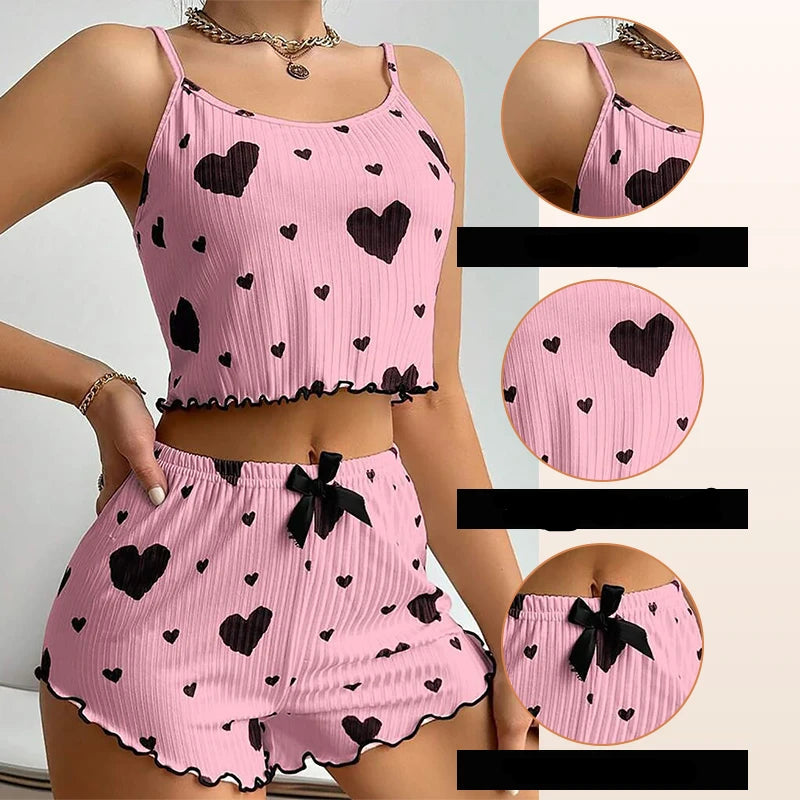 Conjunto de pijamas femininos pijamas 2 peças regata curta e shorts s m l branco ventilar macio casual amor impressão