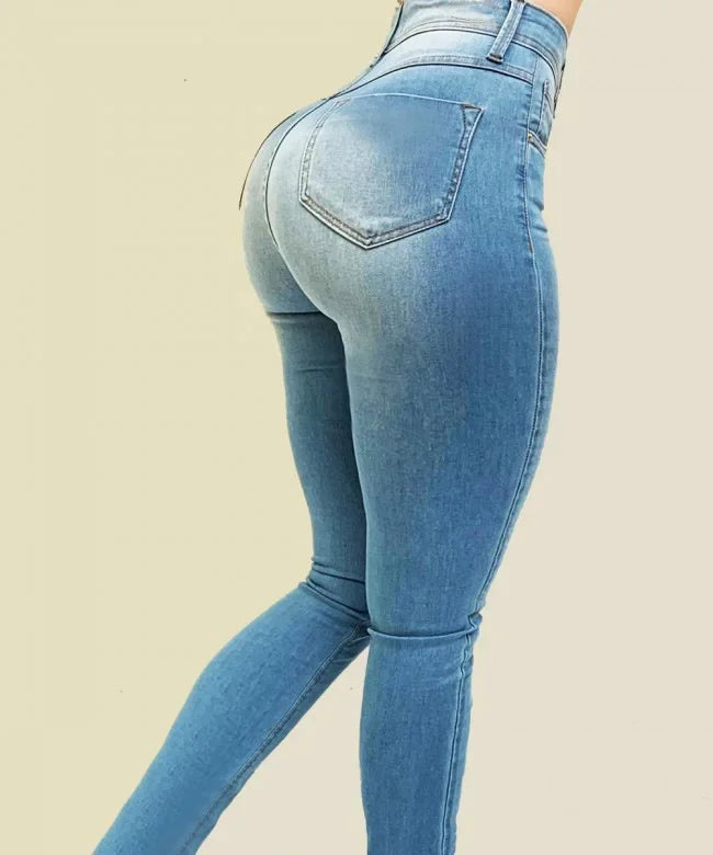 Mulher cor pura jeans denim cintura alta