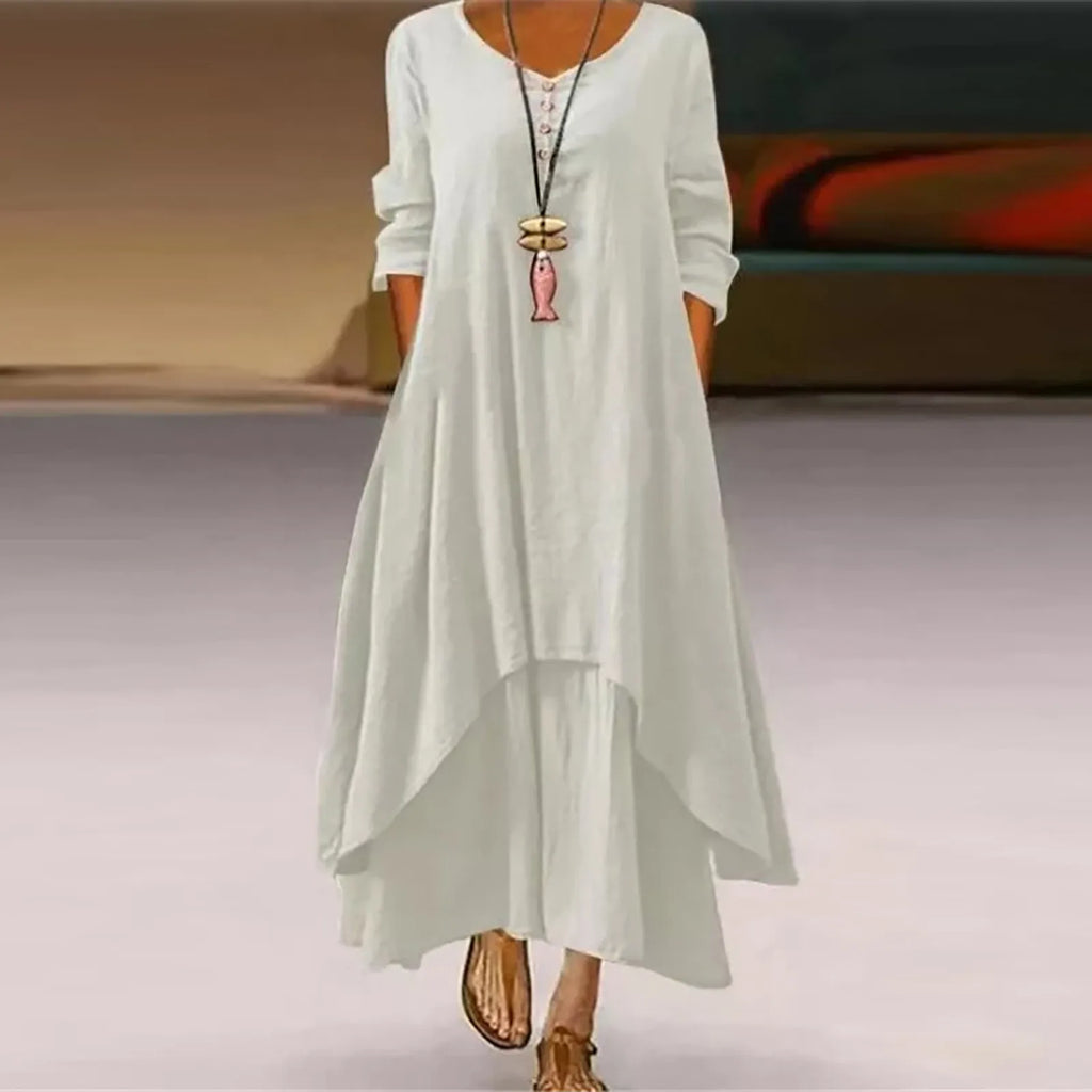 Mulheres elegantes vestidos de linho gengibre bohemia camadas vintage