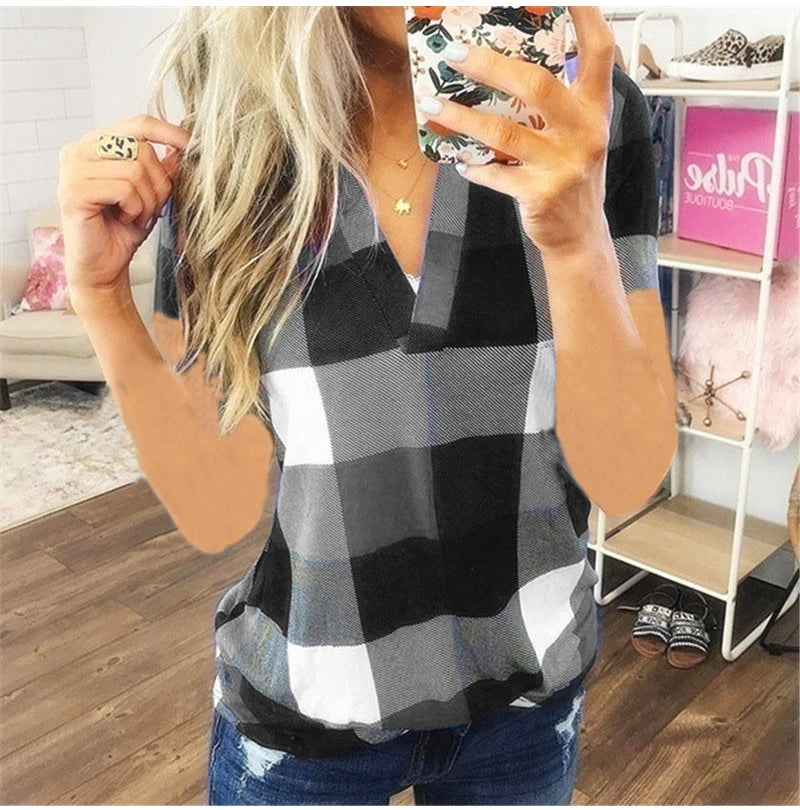 camisa de manga curta com decote em v